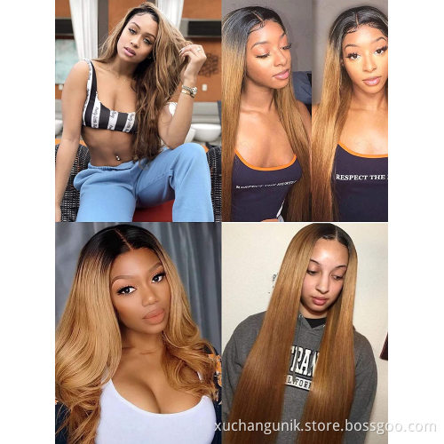 Ombre 1b/27# Long Body Wave Brown T Part Transparent Lace Highlighted Human Hair Wigs 10a Highlight Body Wave Lace Front Wigs